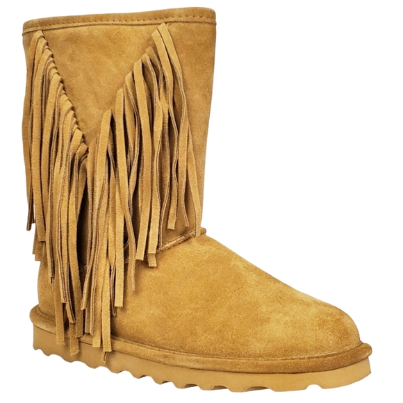 New Bearpaw Cherilyn suede fringe winter boots iced coffee wool blend fur pull - Picture 8 of 16